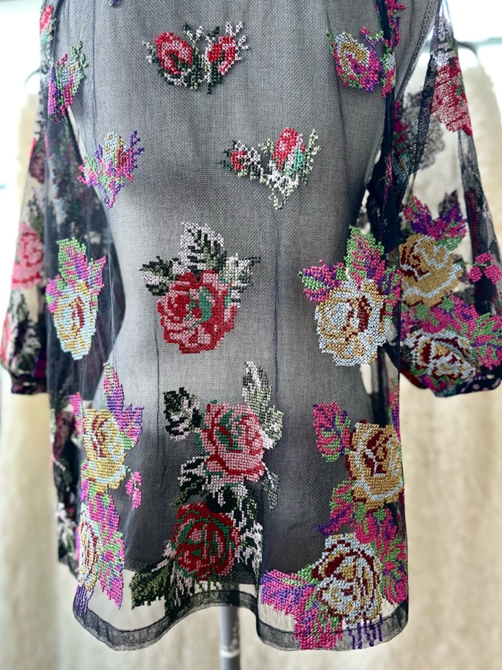 Anna Sui Sheer Black Floral Beaded Blouse with Ribbon Tie - Picture 12 of 15